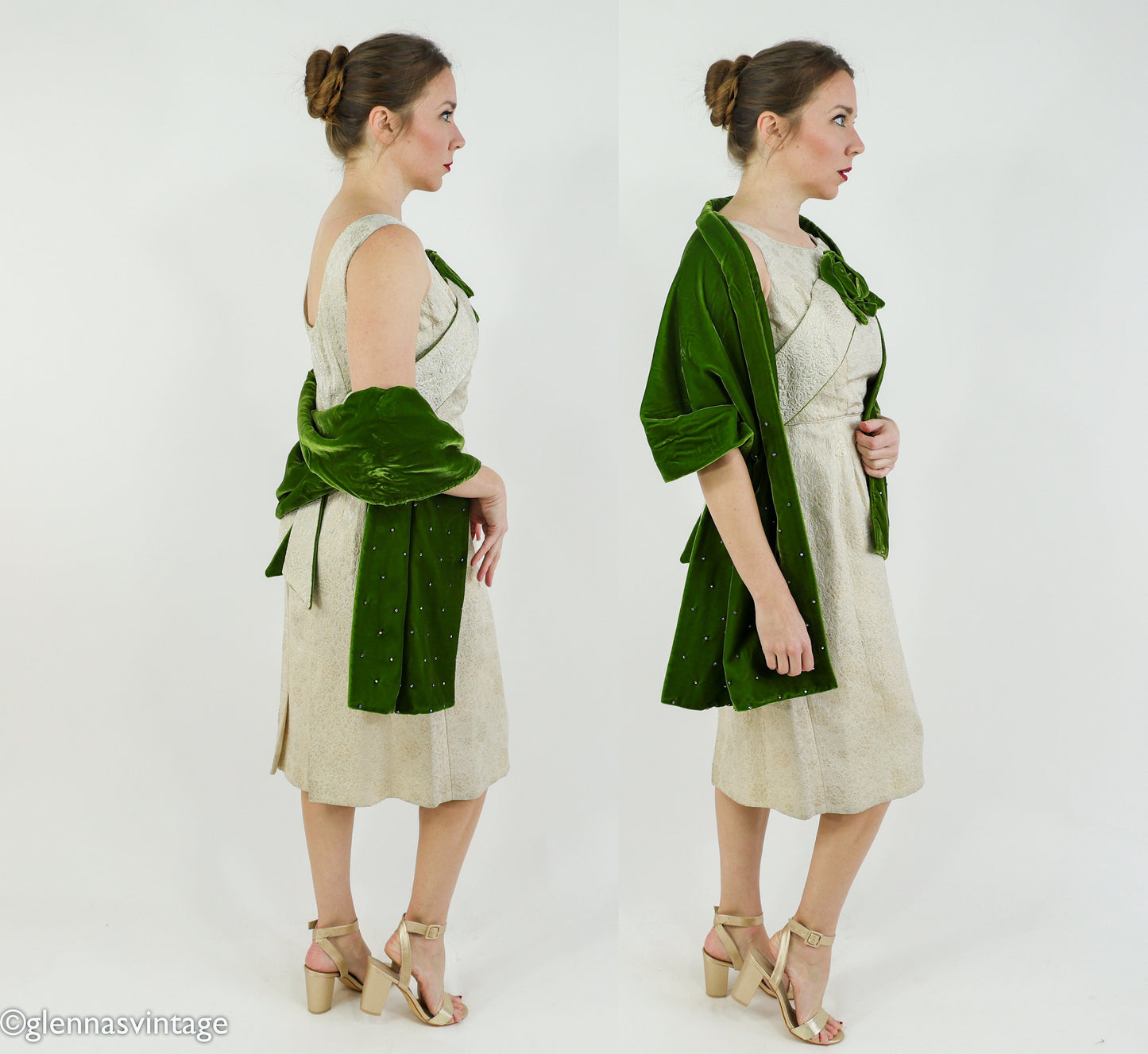 1950s Vintage Brocade Cocktail Dress with Green Velvet Rhinestone Shawl | Medium