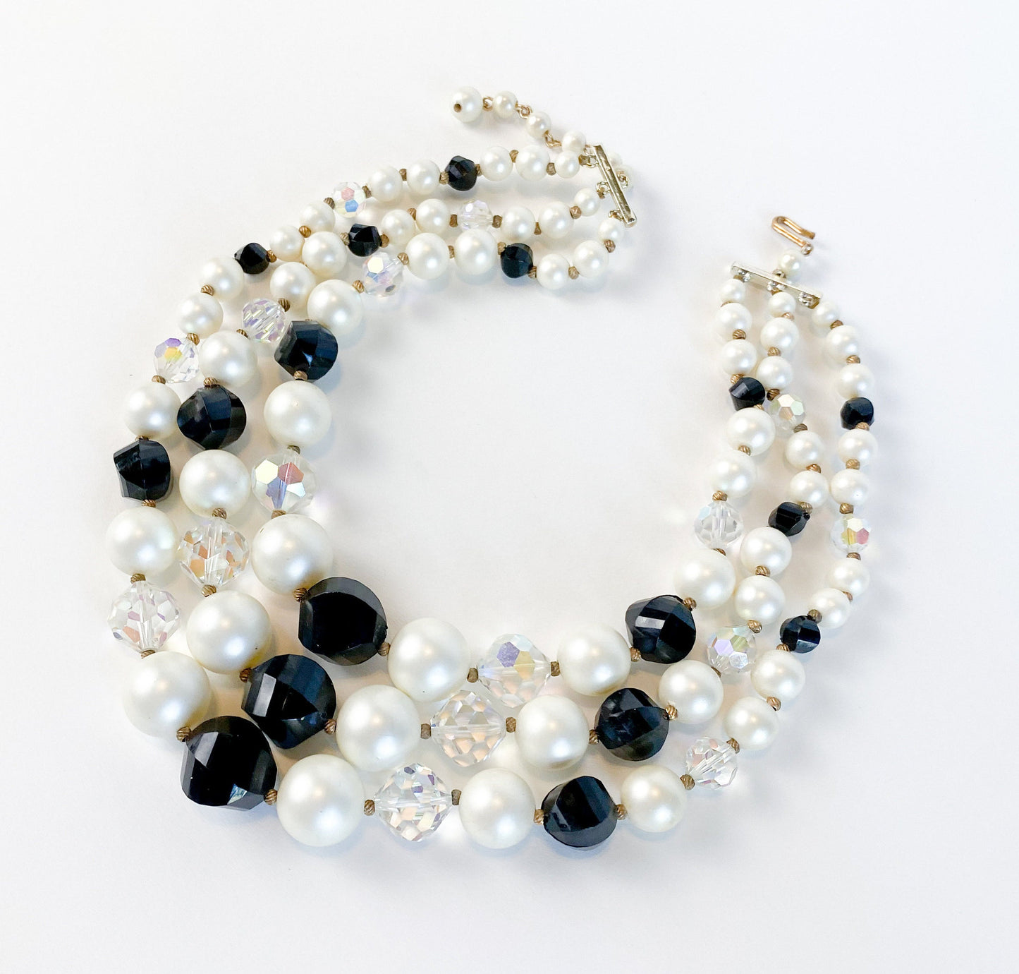 1950s Black & White Beaded Necklace | 50s Multi Strand Bead Necklace