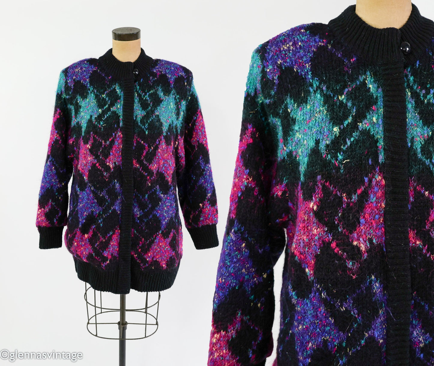 1980s Black Purple Metallic Knit Sweater Jacket, Lily of California, XL