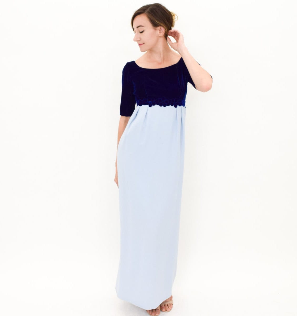 1960s Blue Evening Dress | 60s Blue Velvet & Crepe Formal Dress | Bridesmaid | Small
