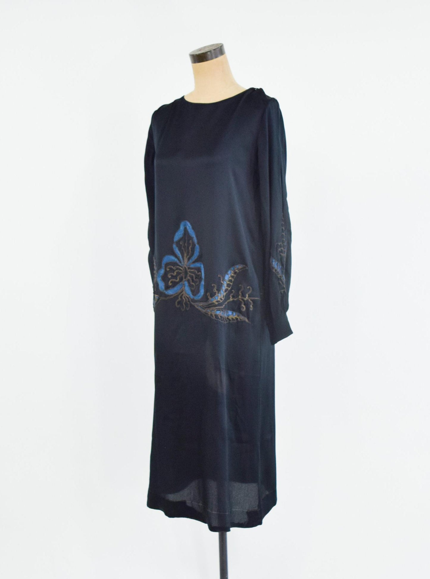 1920s Art Deco Black Silk Dress | Embroidered Drop Waist, Medium