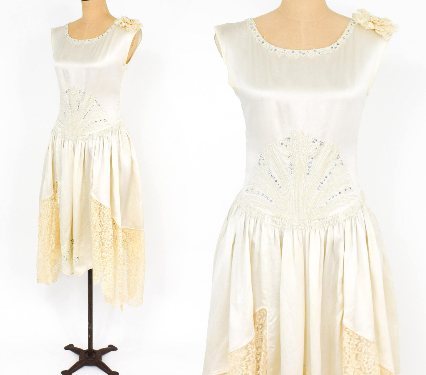 1930s  White Silk Beaded Wedding Dress with Rhinestones & Lace, Small