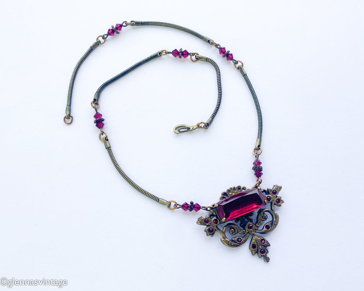 1940s Red Glass Pendant Necklace | Bronze Coil Chain