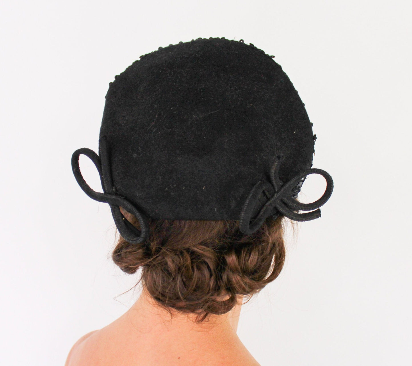 1940s Black Sequin Hat, Black Wool Felt Fascinator