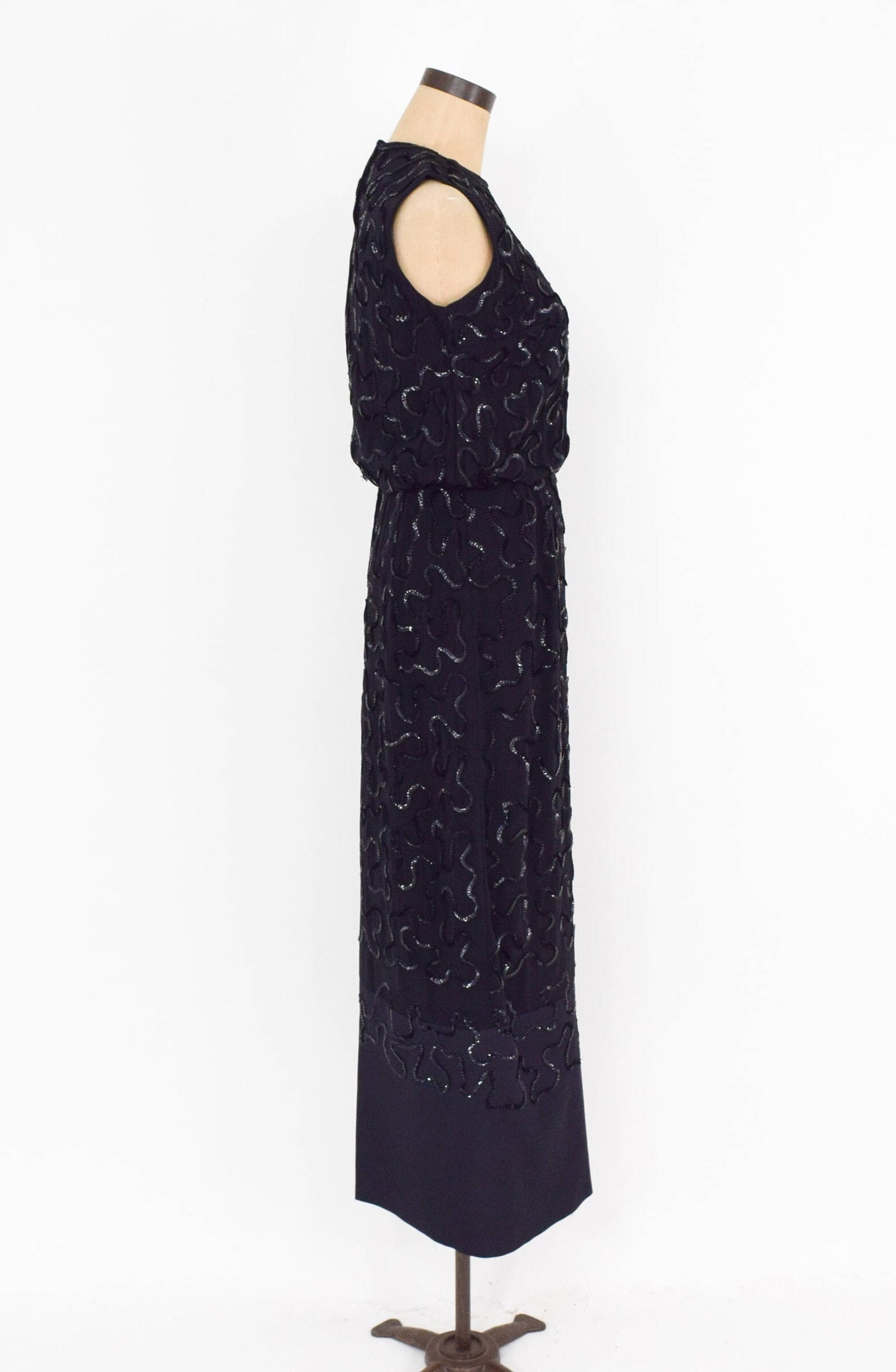 1950s Black Sequin Evening Dress | 50s Black Sleeveless Sequin Formal Dress | Medium