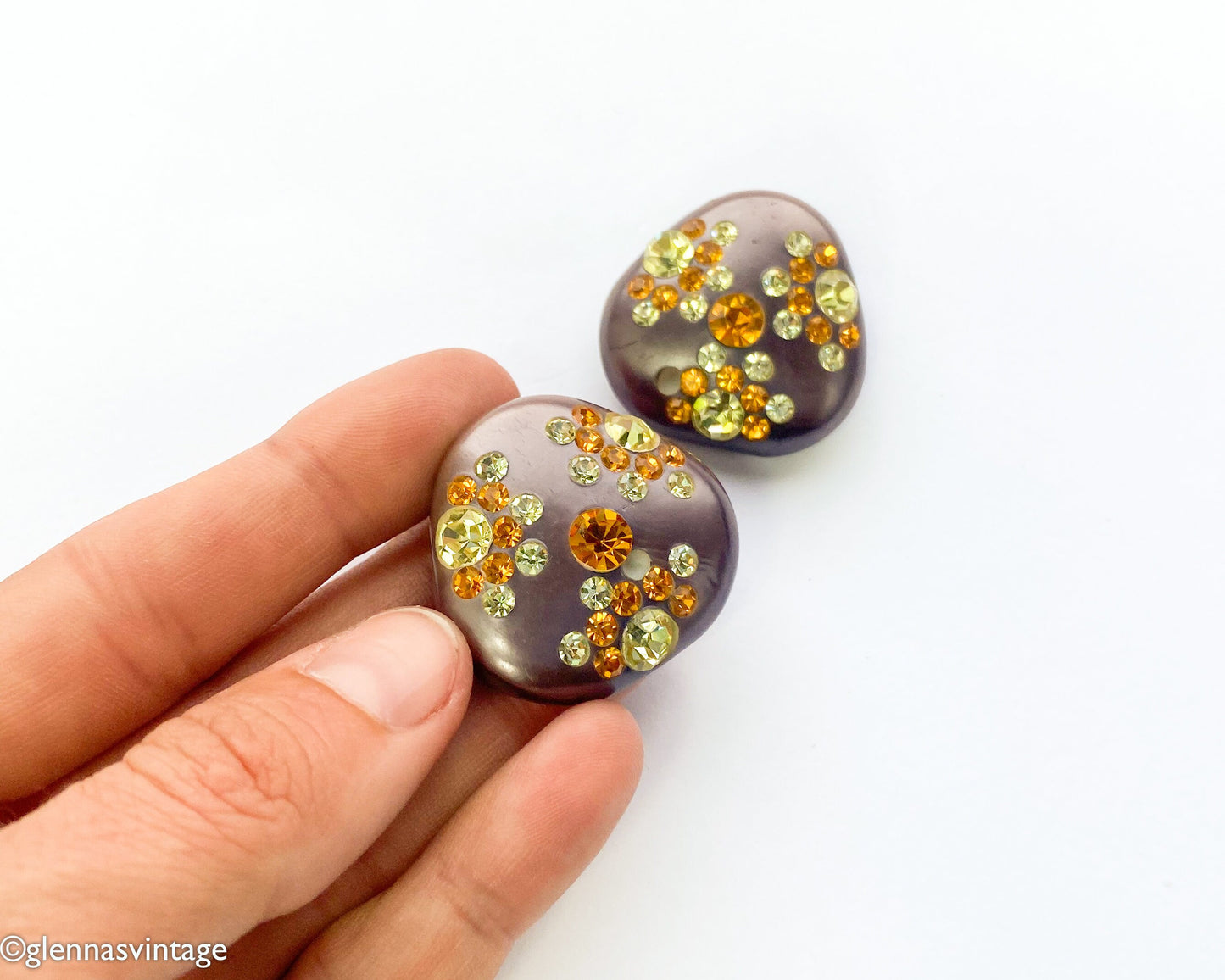 1960s Brown Rhinestone Earrings | 60s Brown Lucite & Rhinestone Clip Earrings