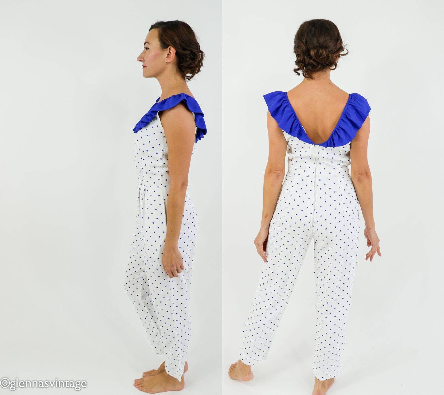 1980s Blue & White Polka Dot Jumpsuit, Small