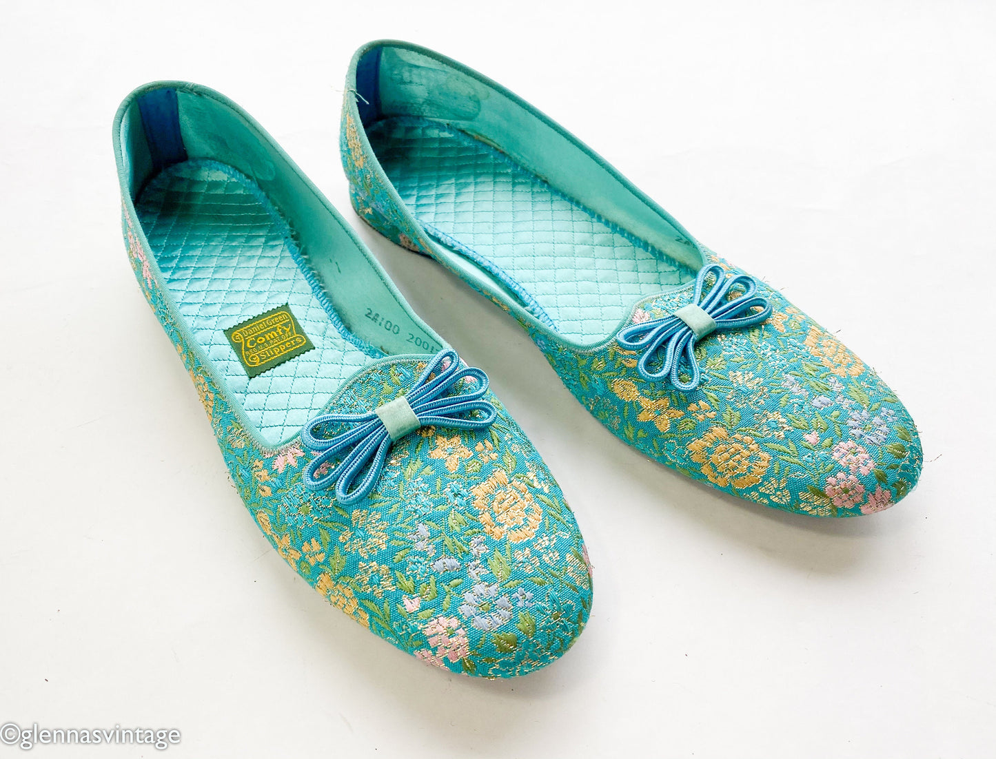 1950s Turquoise Brocade Slippers | Blue & Gold Shoes , Size 12