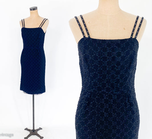 1950s Black Ribbon Lace Party Dress | 50s Black Spaghetti Strap Sheath | Black Wiggle Dress | Small