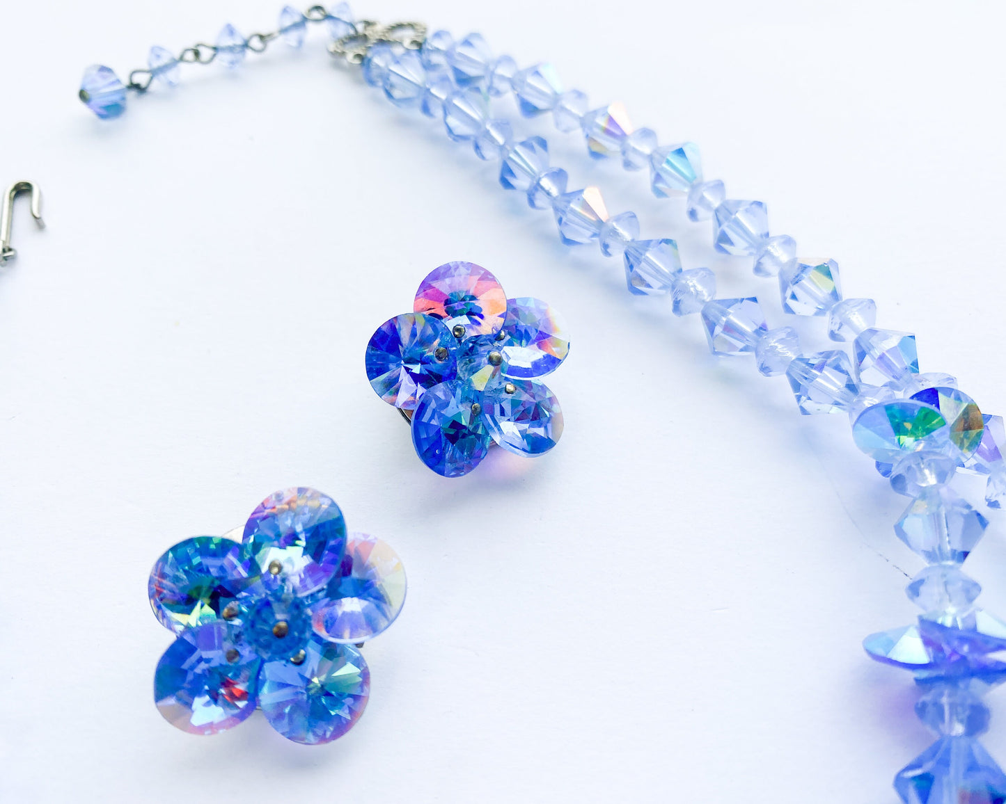 1950s Blue Crystal Necklace Set | 50s Blue Glass Bead Necklace & Clip Earrings