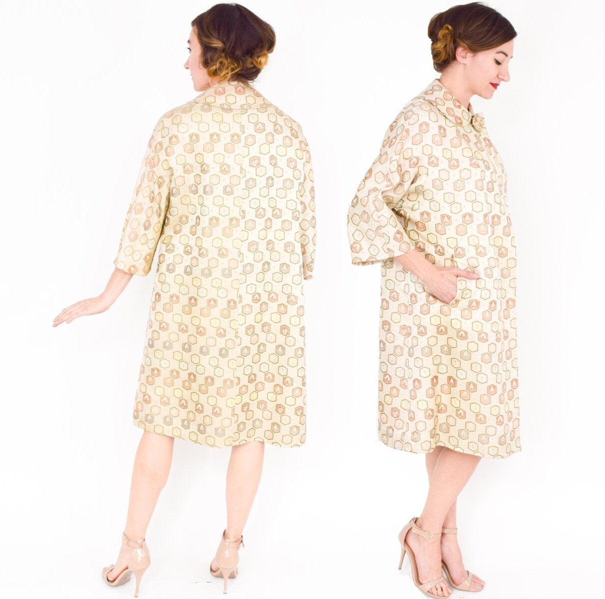 1950s Beige Silk Brocade Evening Coat | 50s Gold and Beige Silk Coat | Tailor Hong Kong | Large
