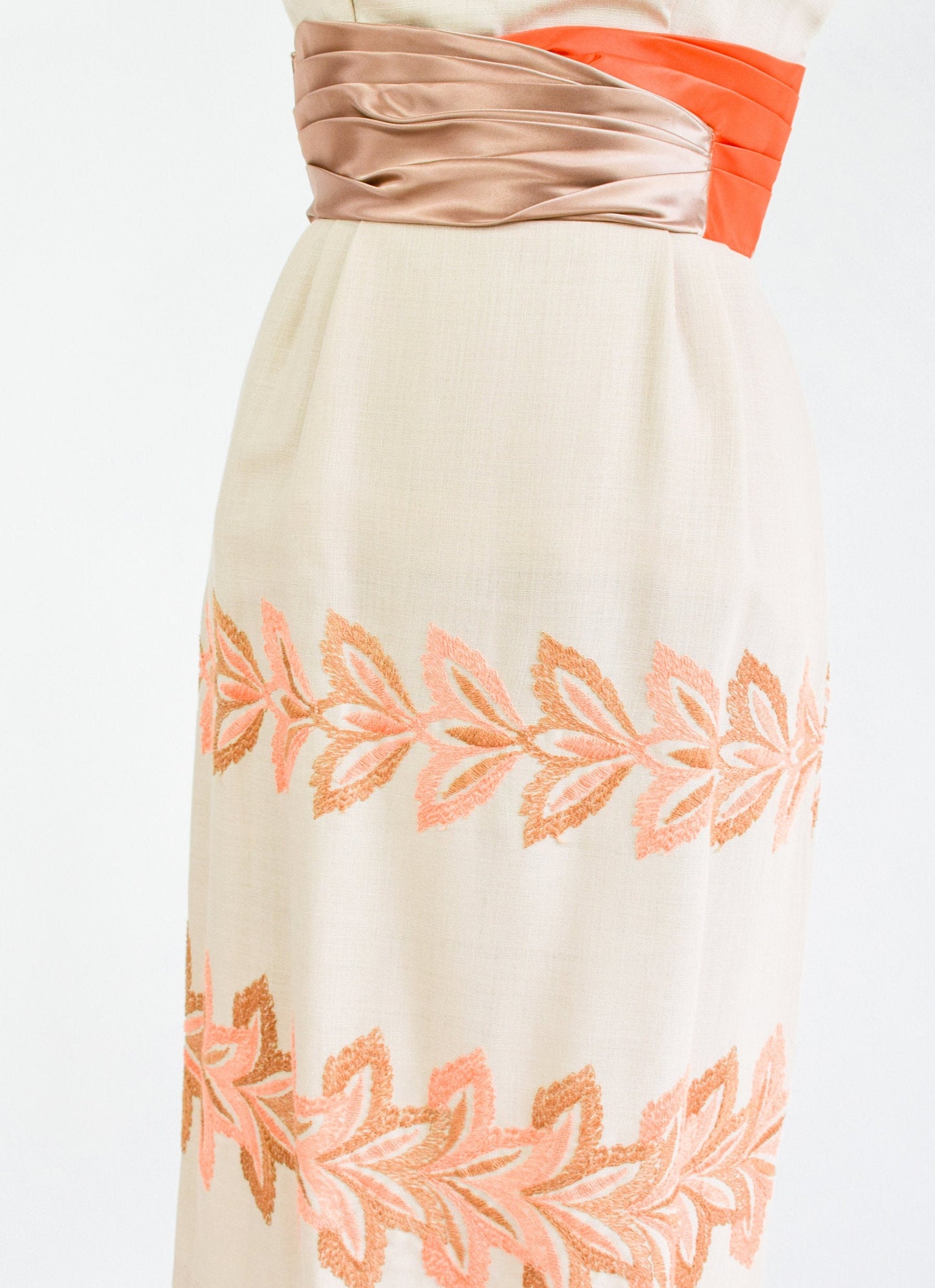 1950s Beige Floral Embroidered Dress | Taupe Sheath Dress, Small