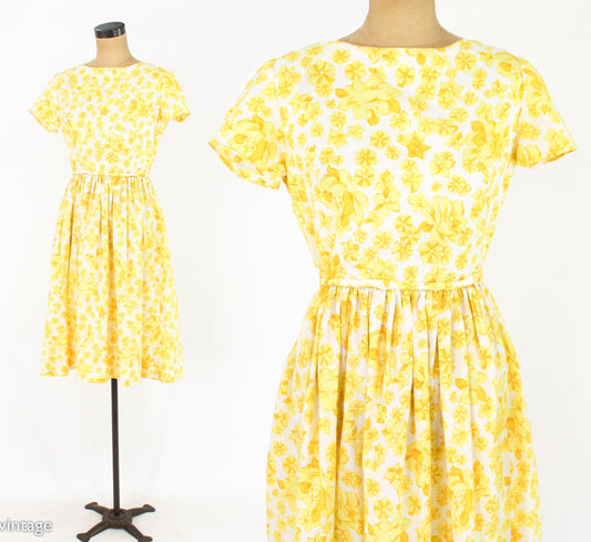 1950s Yellow Floral Day Dress, Small