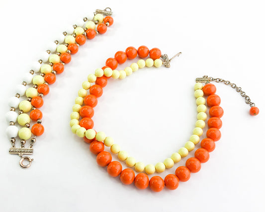 1960s Orange Beaded Necklace Set | 60s Yellow & Orange Plastic Choker Bracelet Set