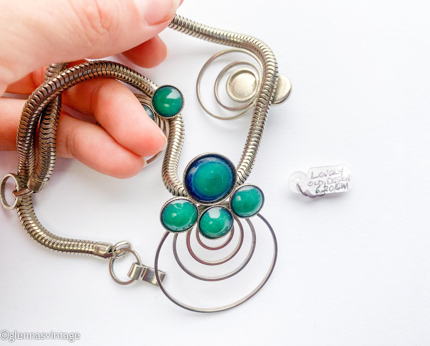 1960s Mod Necklace | Silver Circles, Green Glass Pendant