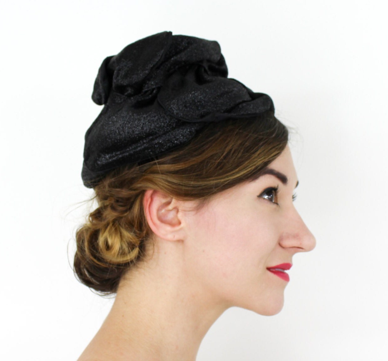 1950s Black Lamé Cocktail Hat, Black Glitter Fascinator