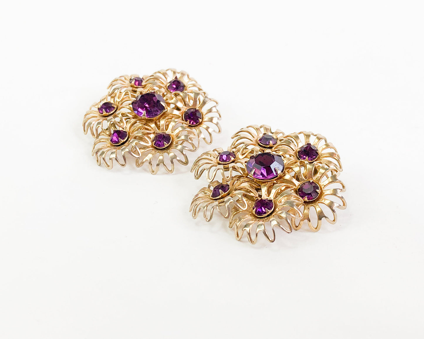 1960s Purple Rhinestone Flower Earrings | 60s Gold & Purple Flower Cluster Clips