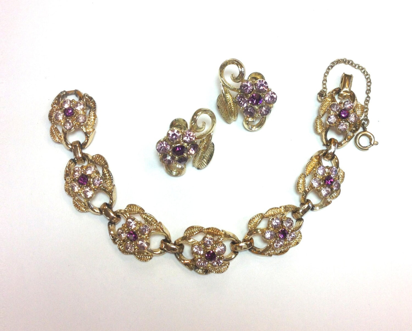 Coro | 1950s Lavender Rhinestone Flowers Bracelet Set | 50s Purple Bracelet & Earring Set | Purple Rhinestone Set | Coro