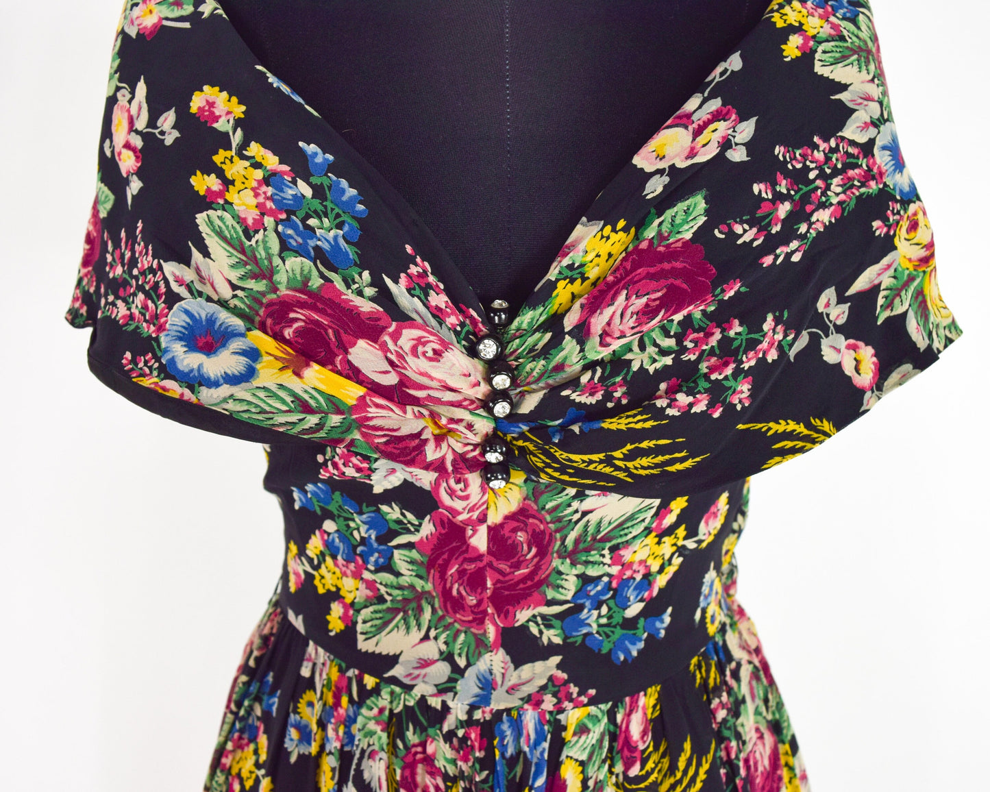 1940s Black Floral Party Dress | 40s Black Flowered Rayon Print Dress | X Small