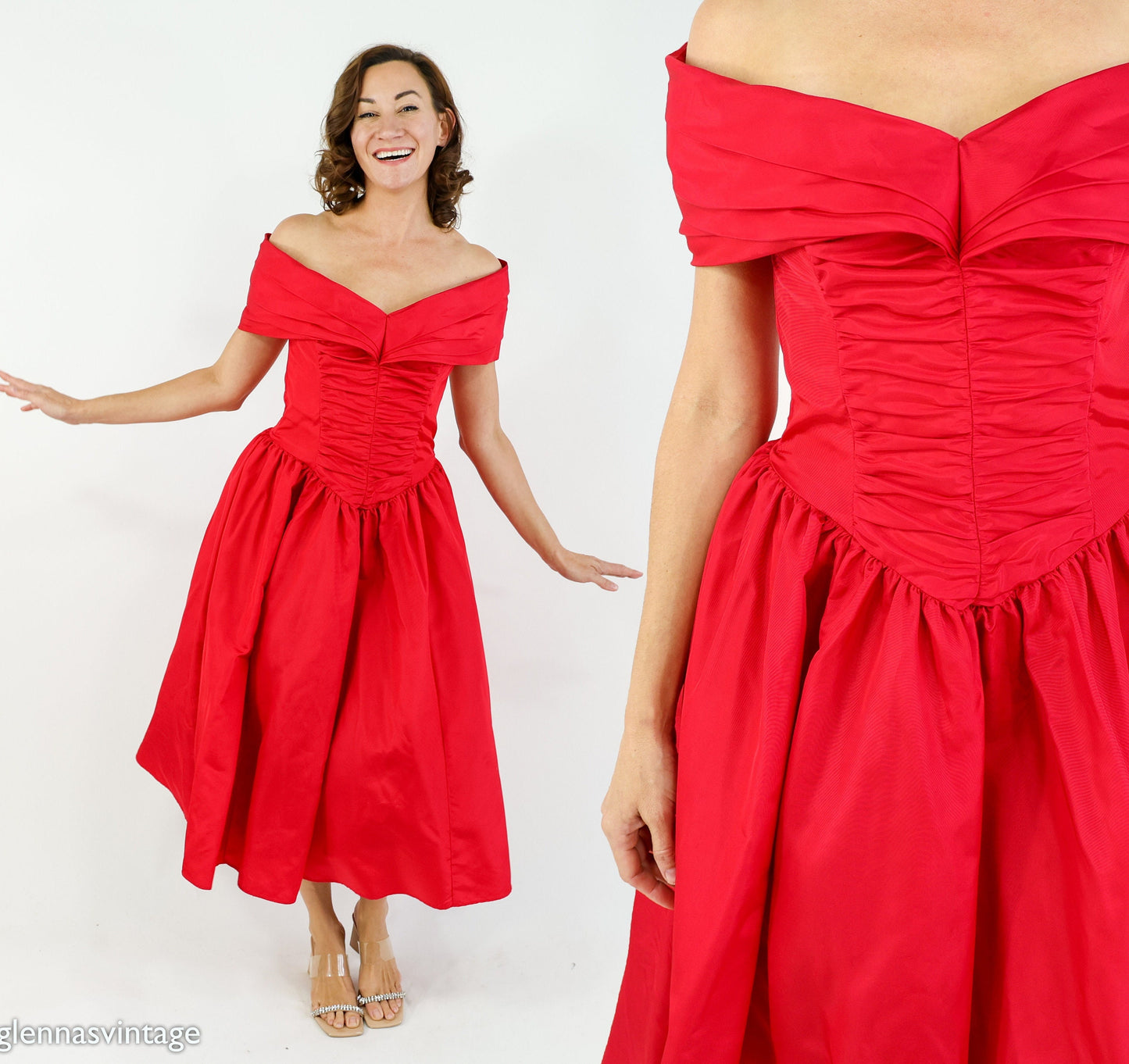 1980s Jessica McClintock Red Taffeta Party Dress, Small