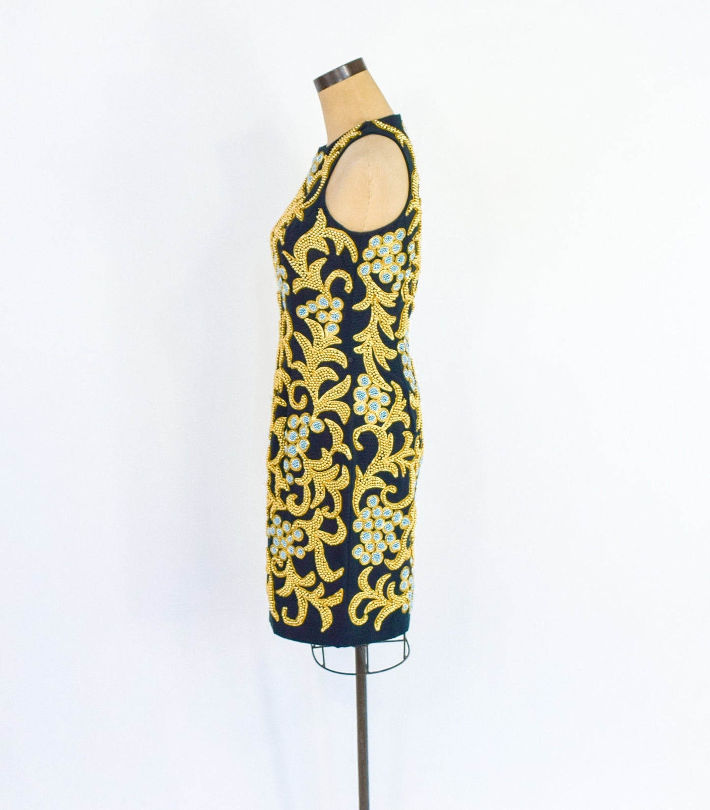 Bill Blass | 1980s Black & Gold Beaded Cocktail Dress | 80s Gold Beaded Black Sheath Dress | Bill Blass | Small