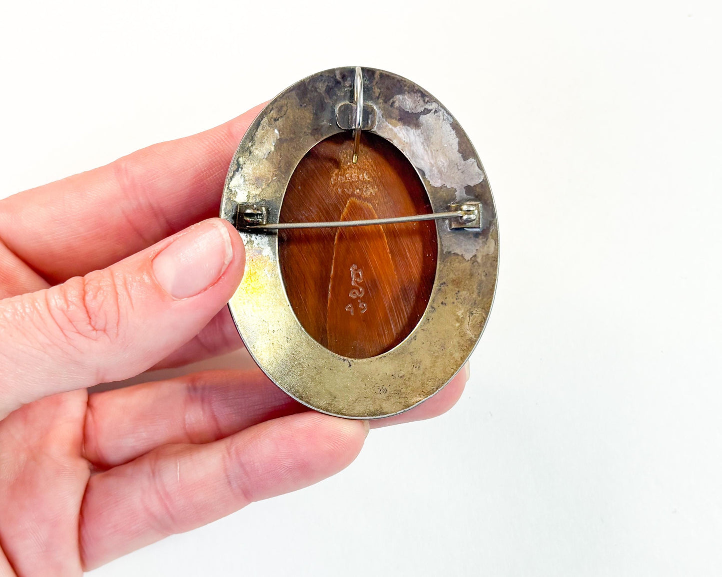 1930s Carved Stone Cameo Brooch Pendant with Floral Silver Frame