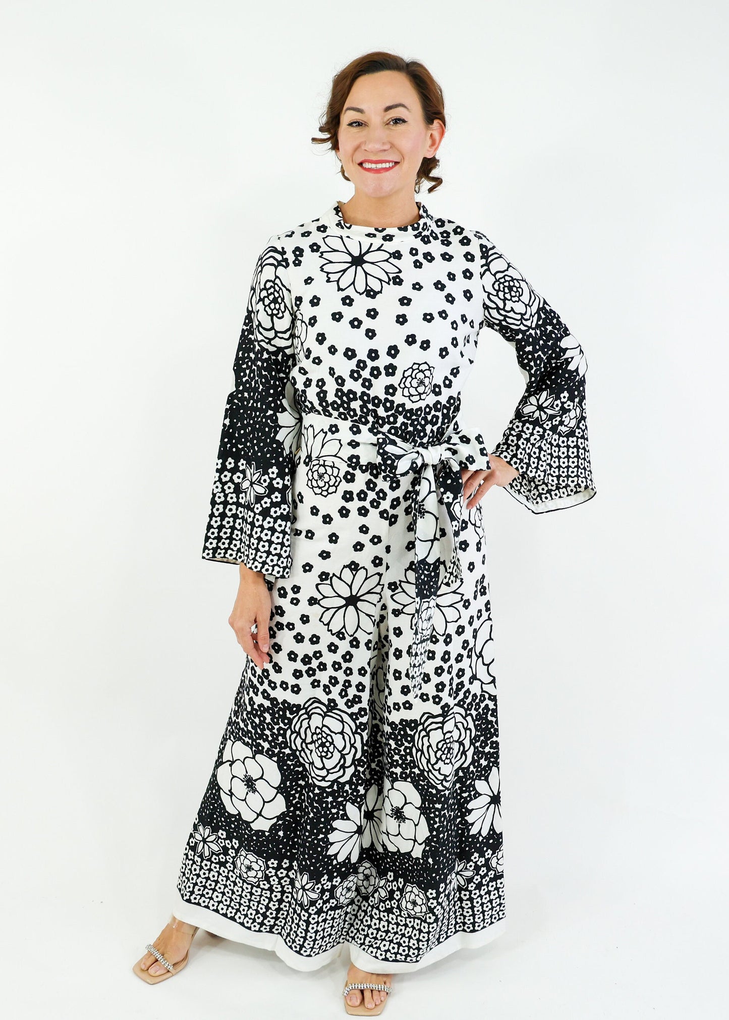 1970s Black & White Floral Print Jumpsuit with Wide Legs, Medium