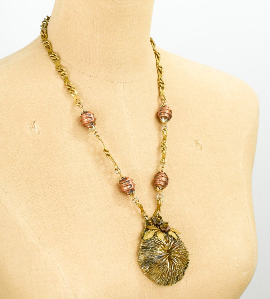 1970s  Copper & Brass Pendant Necklace | 70s Brass Anemone Necklace | Brutalist | Hippie