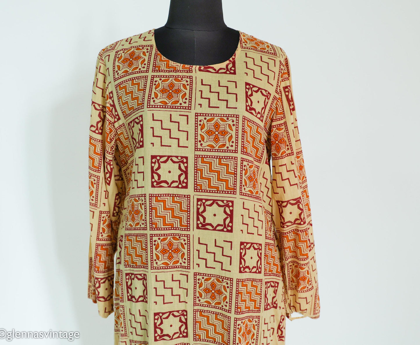 1980s Brown Print Cotton Caftan Tunic Dress, Medium