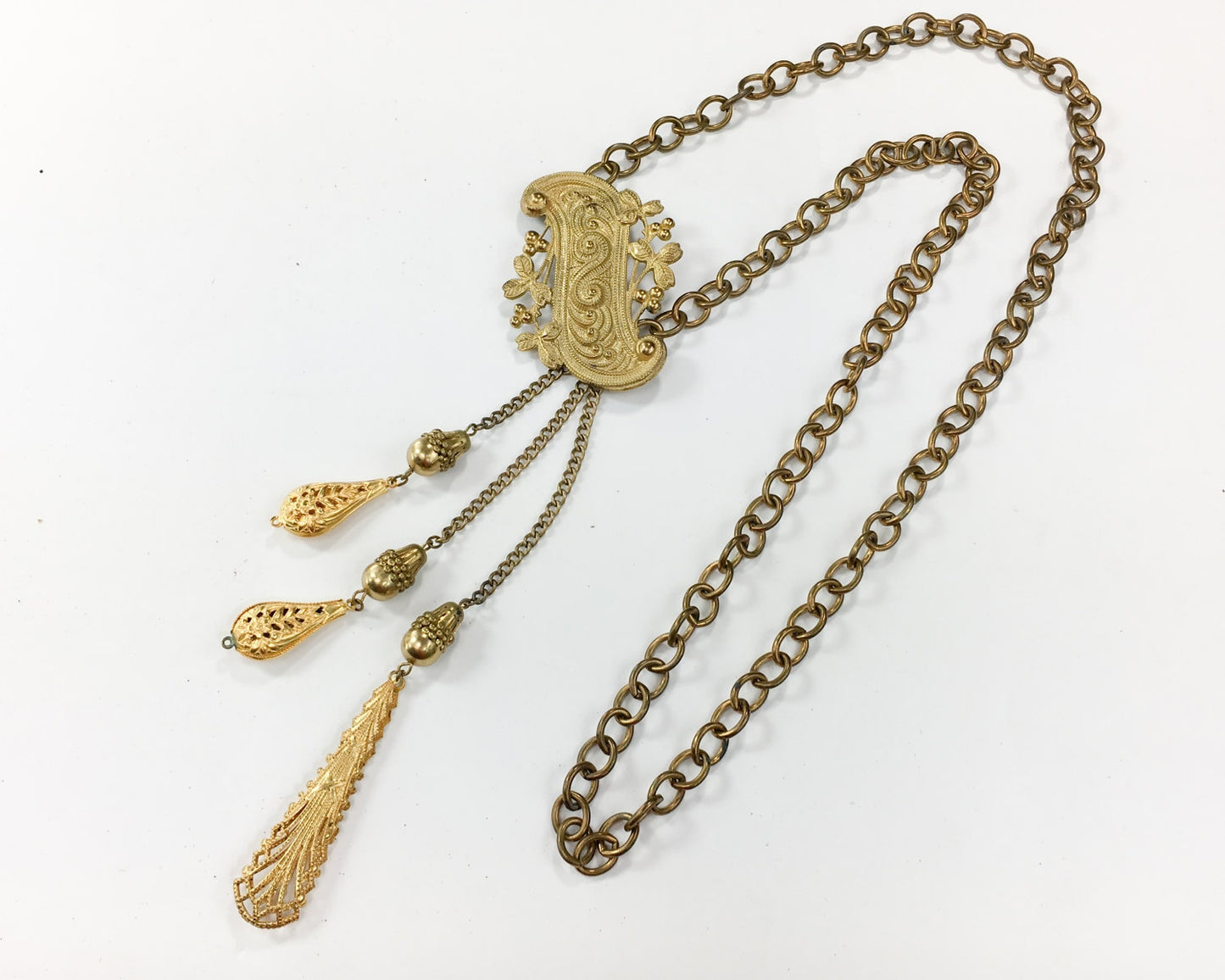 1940s Brass Chain Fur Clip | 40s Long Chain Dress Clip | Gold Chain Necklace