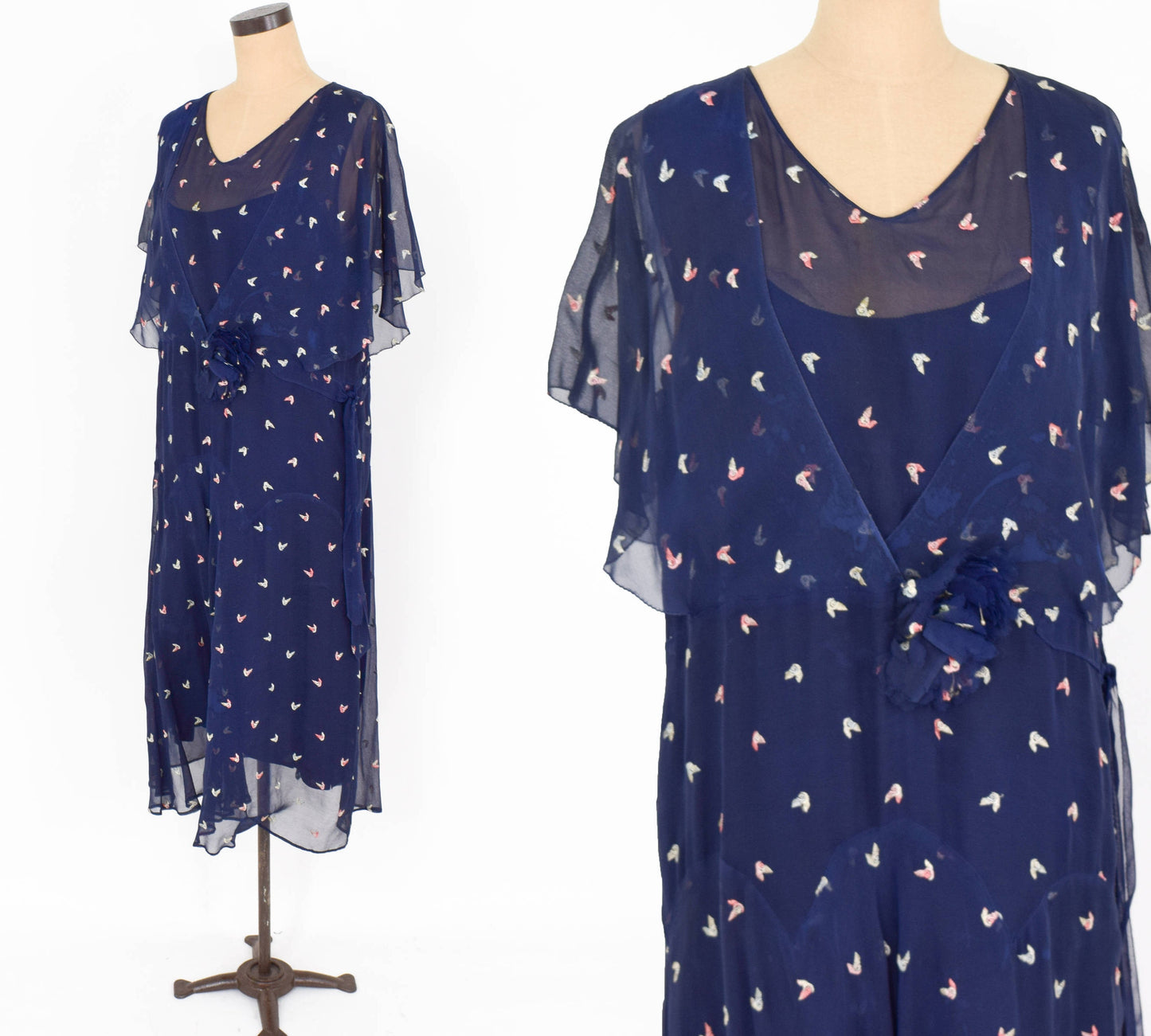 1920s Navy Chiffon Dress with Embroidered Flutter Sleeve, Medium