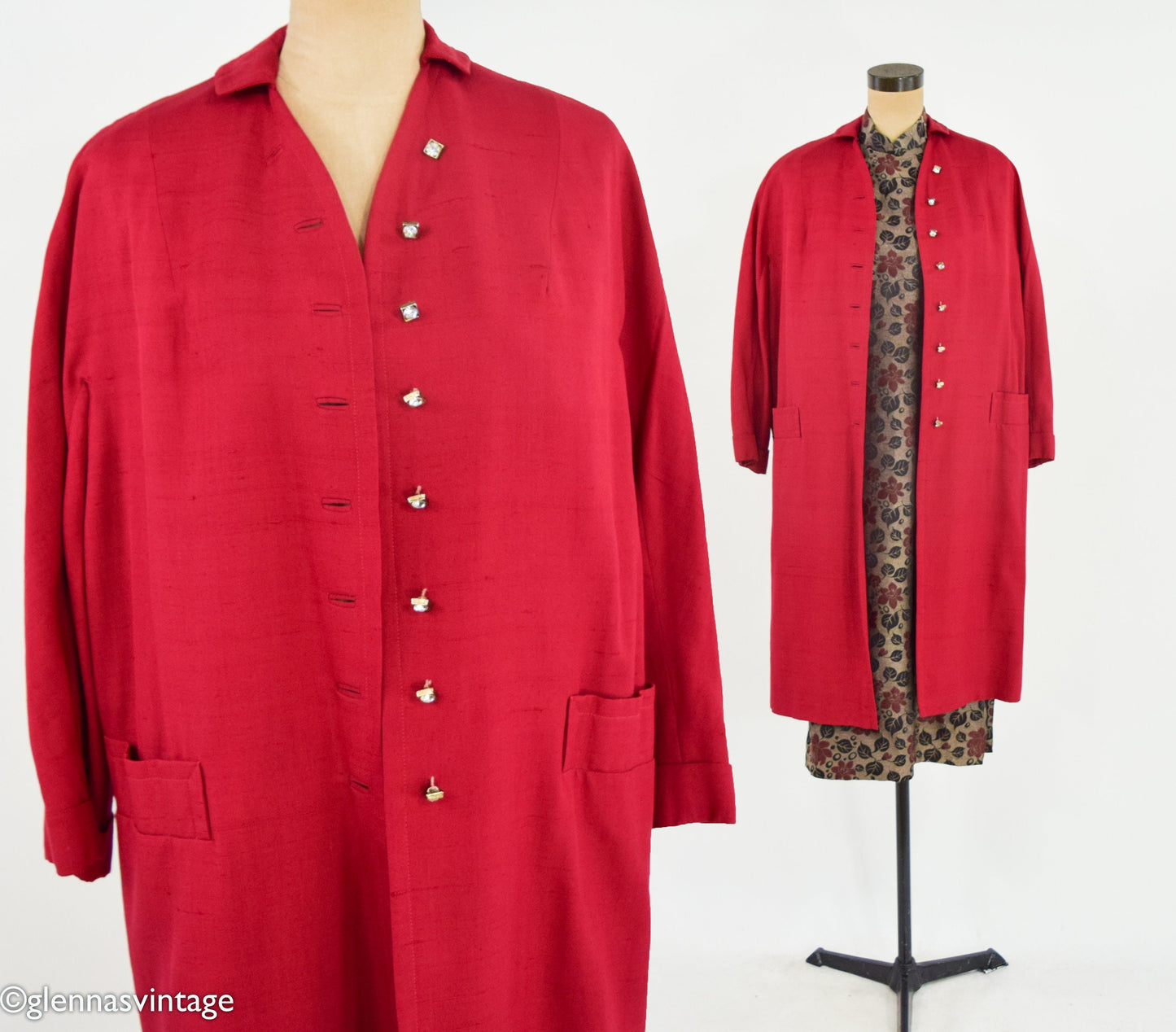 1950s Red Silk Evening Coat | 50s Red Raw Silk Evening Coat | Lou Johnson | Large