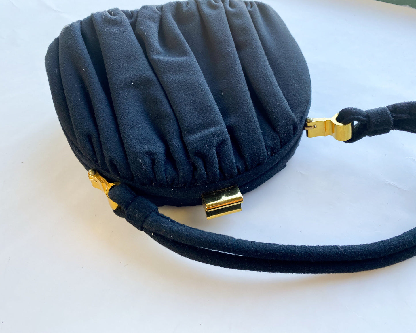 1940s Black Wool Handbag | 40s Black Gathered Wool Purse