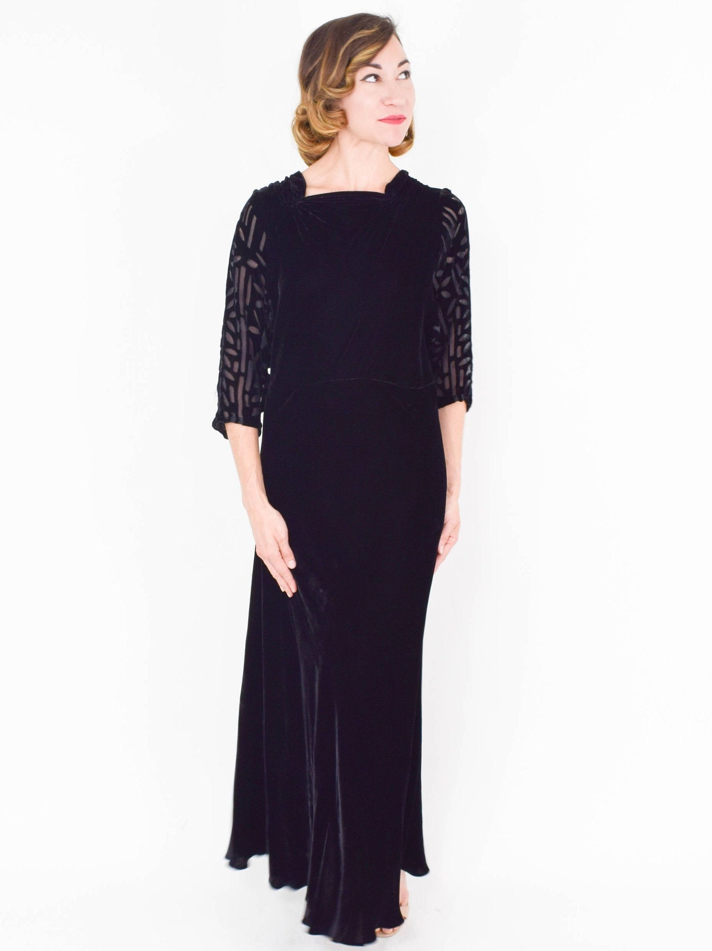 1900s Black Silk Velvet Evening Dress | Black Velvet Gown | Medium
