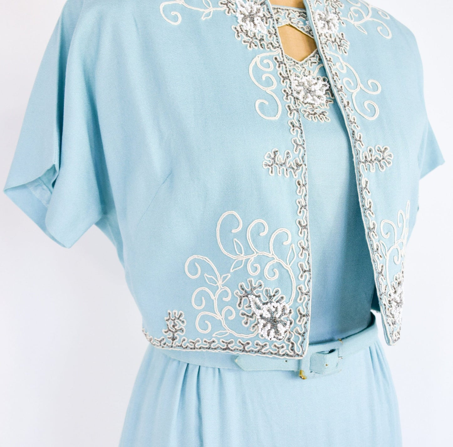 1950s Turquoise Sheath Dress & Beaded Jacket Set