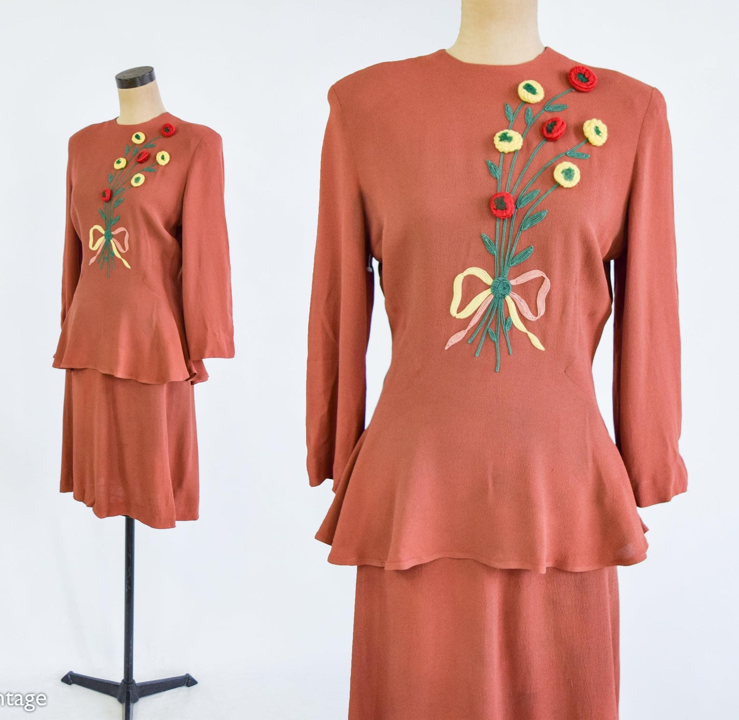 1940s Brown Embroidered Top & Skirt Set, Small