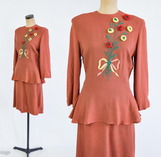 1940s Brown Embroidered Top & Skirt Set, Small