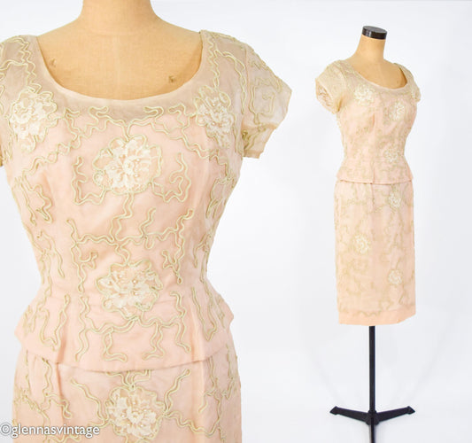 1950s Beige Lace Cocktail Dress,  Medium