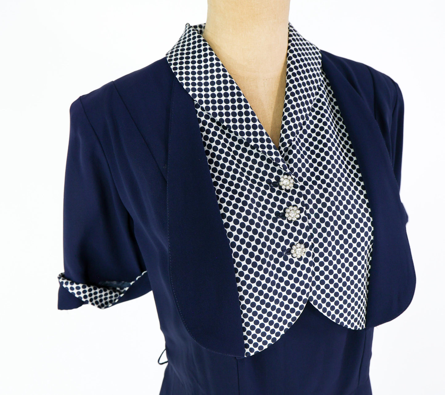 1940s Navy Rayon Crepe Dress with Polka Dot Collar, 36" Waist