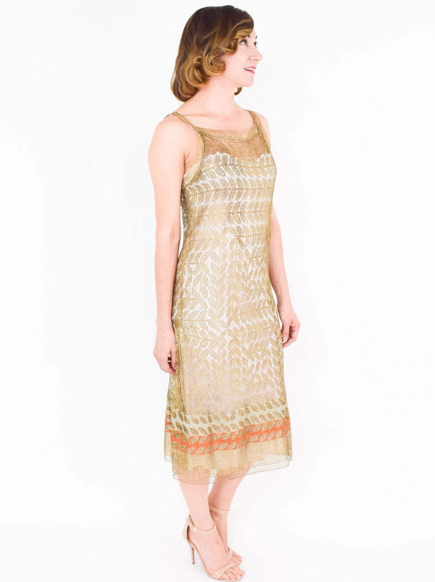 1920s Gold Lace Evening Dress, Gold Metallic Sheath Dress, Medium