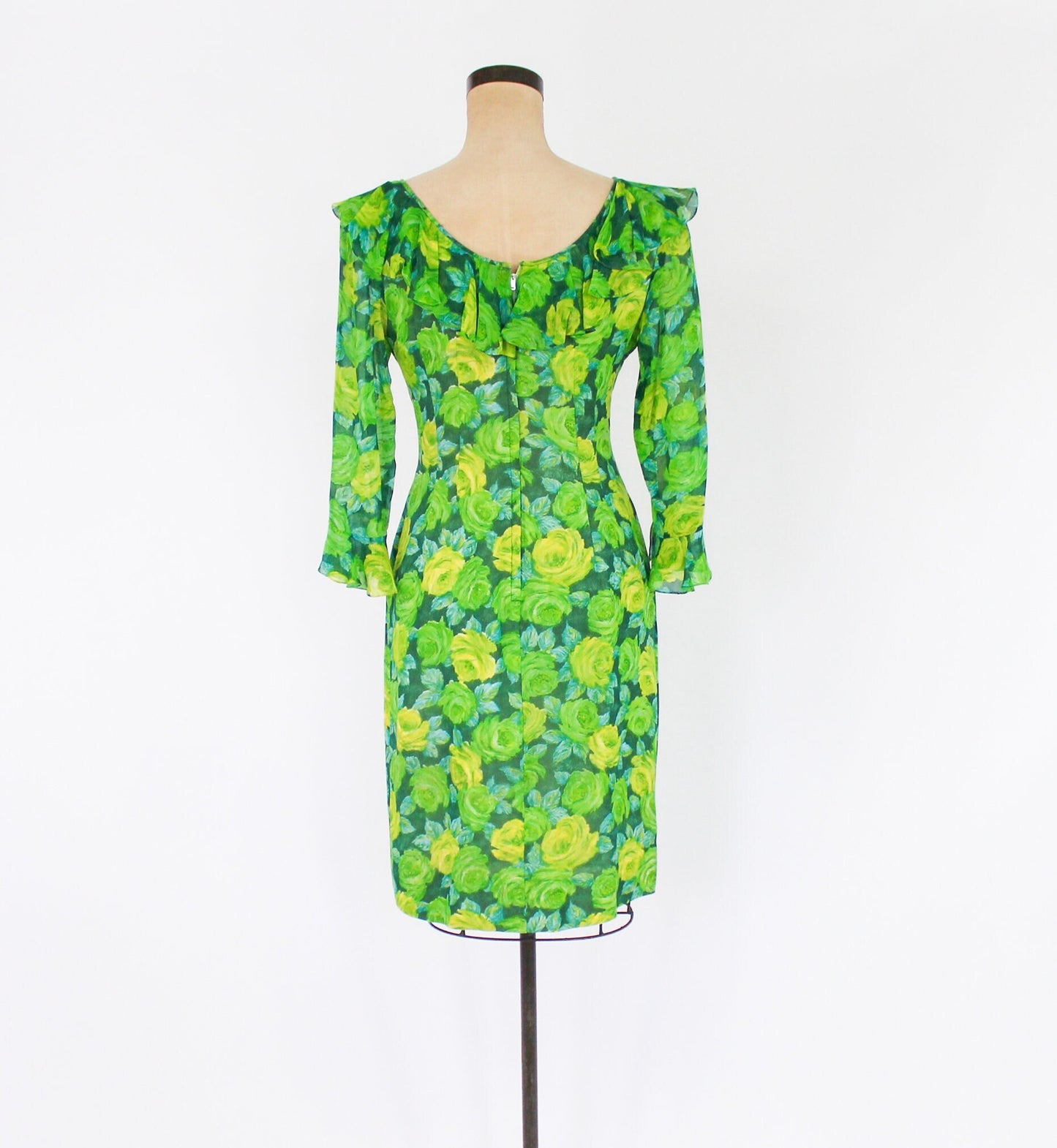 1950s Lime Green Rose Print Chiffon Dress by Elinor Gay, Medium