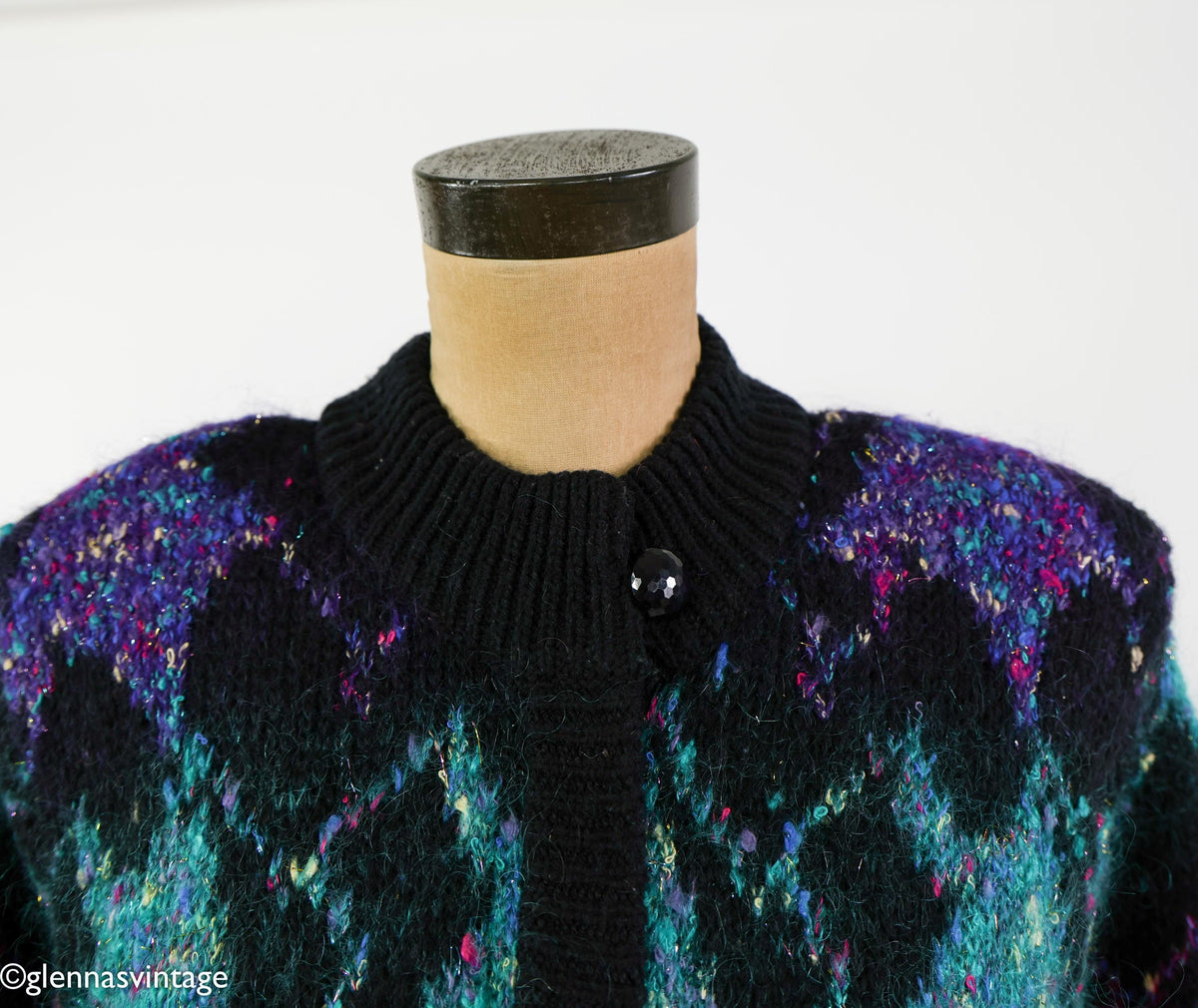 1980s Black Purple Metallic Knit Sweater Jacket, Lily of California, XL