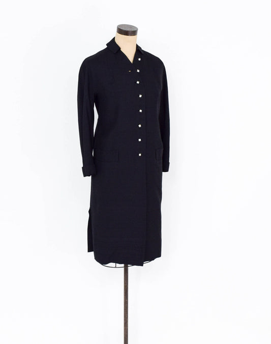 1950s Black Silk Coat | 50s Black Raw Silk Coat | Rhinestone Button Coat | Large