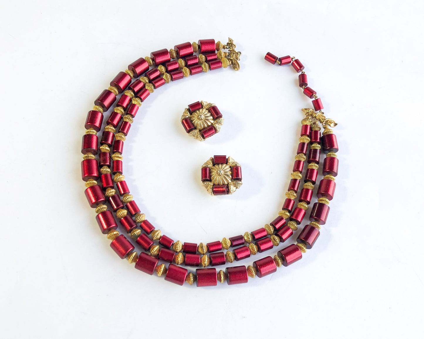 1960s Red Necklace Earrings Set | 60s Red Plastic Bead Necklace Set