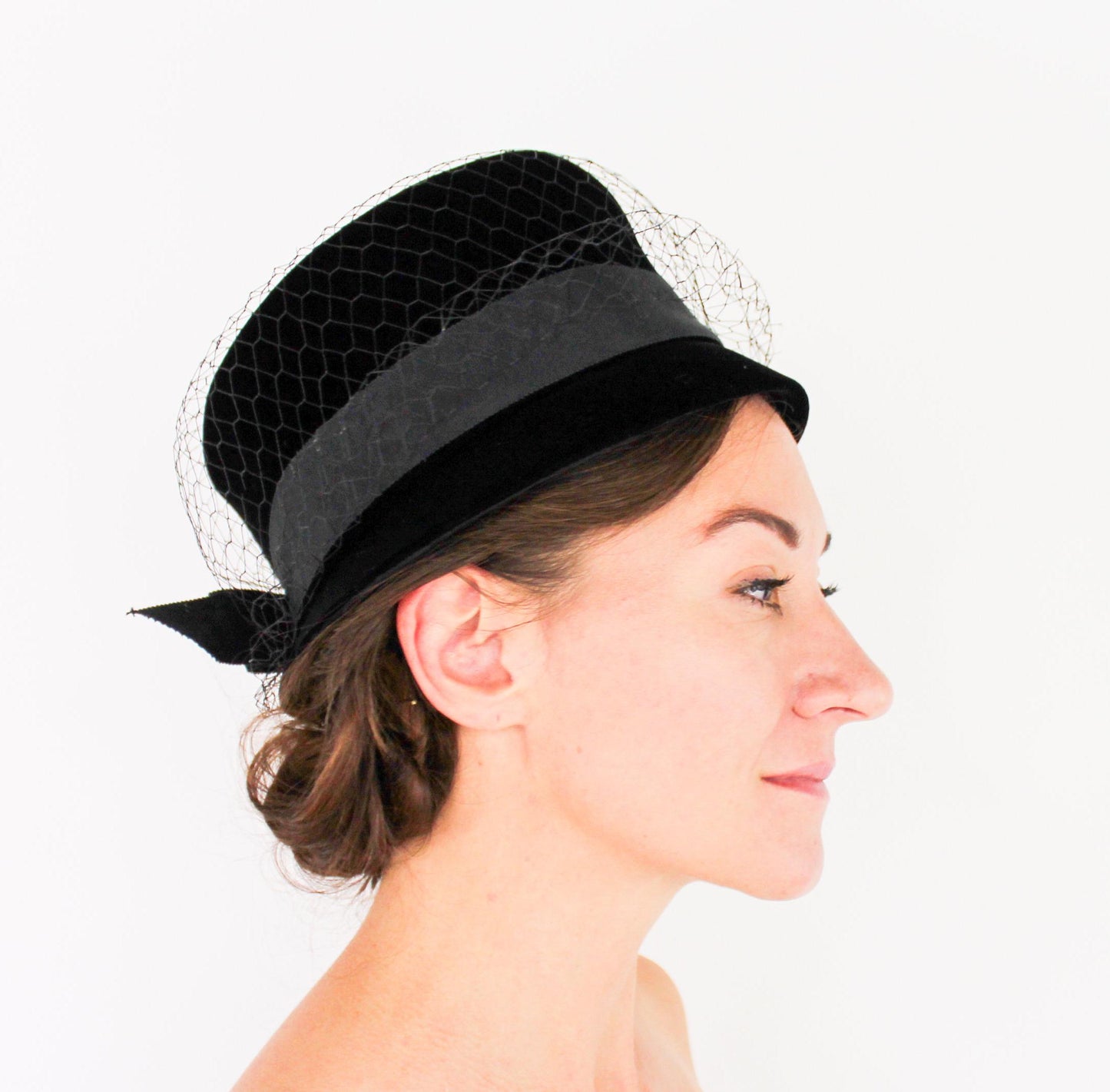 1960s Black Velvet High Crown Hat, Jackie O Style