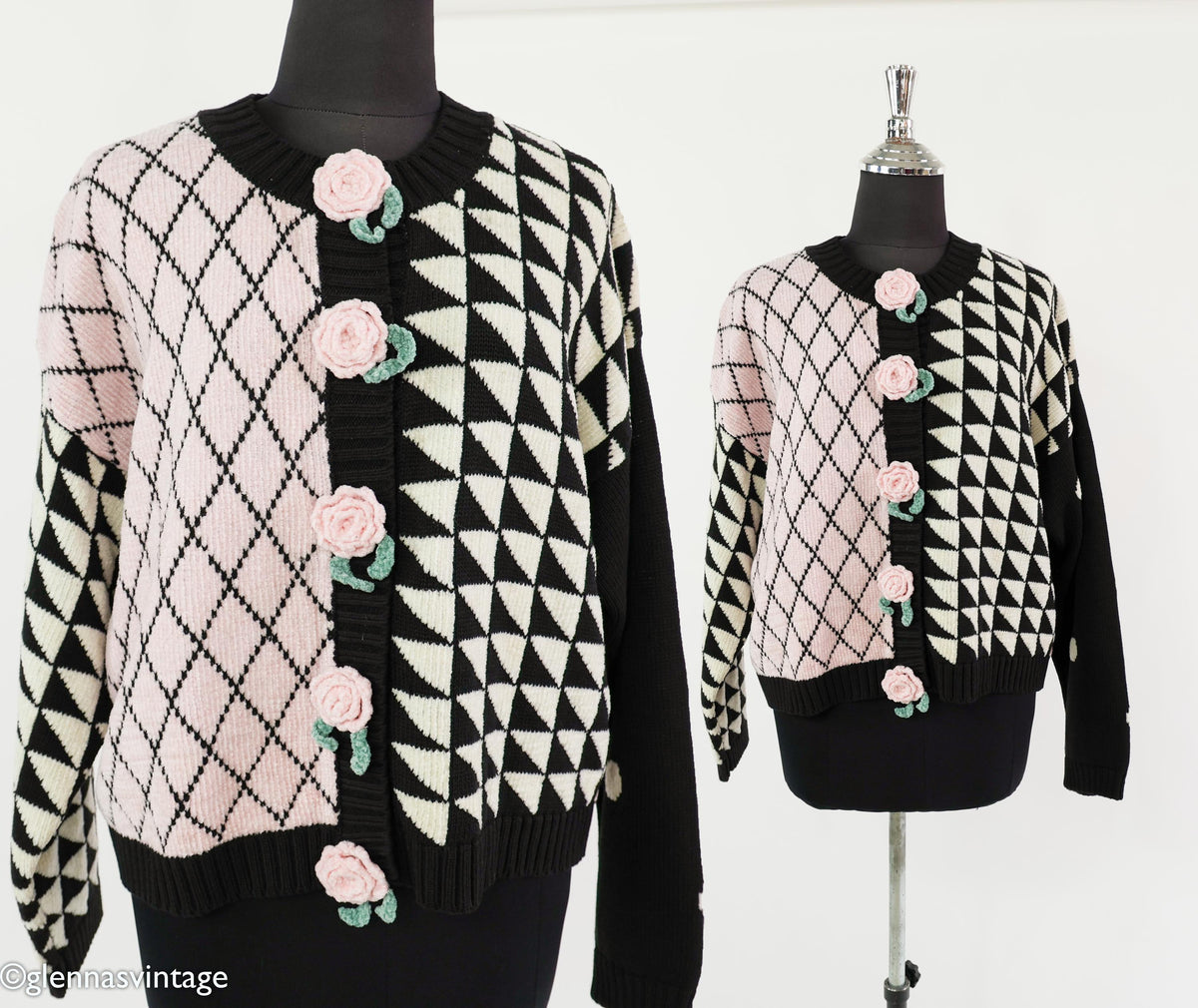 1980s Pink Black Geometric Chenille Cardigan, Large
