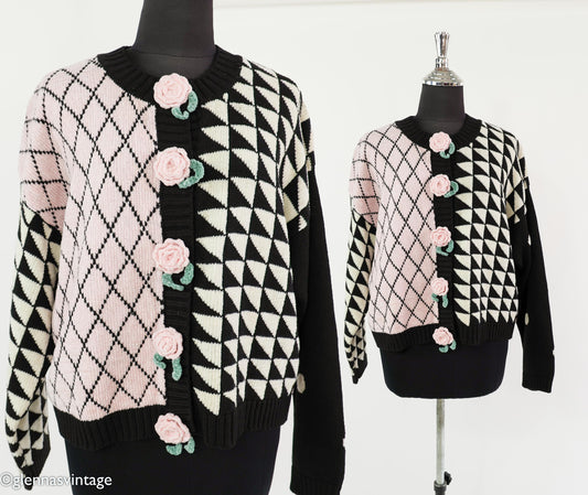 1980s Pink Black Geometric Chenille Cardigan, Large