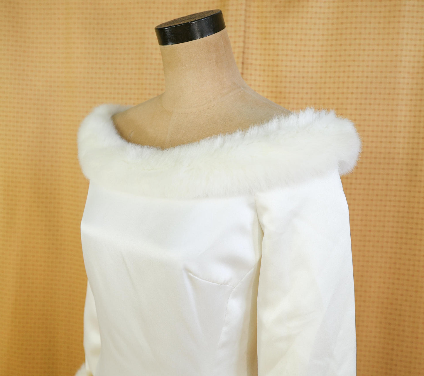 1980s Satin Wedding Dress with Faux Fur Trim, Large