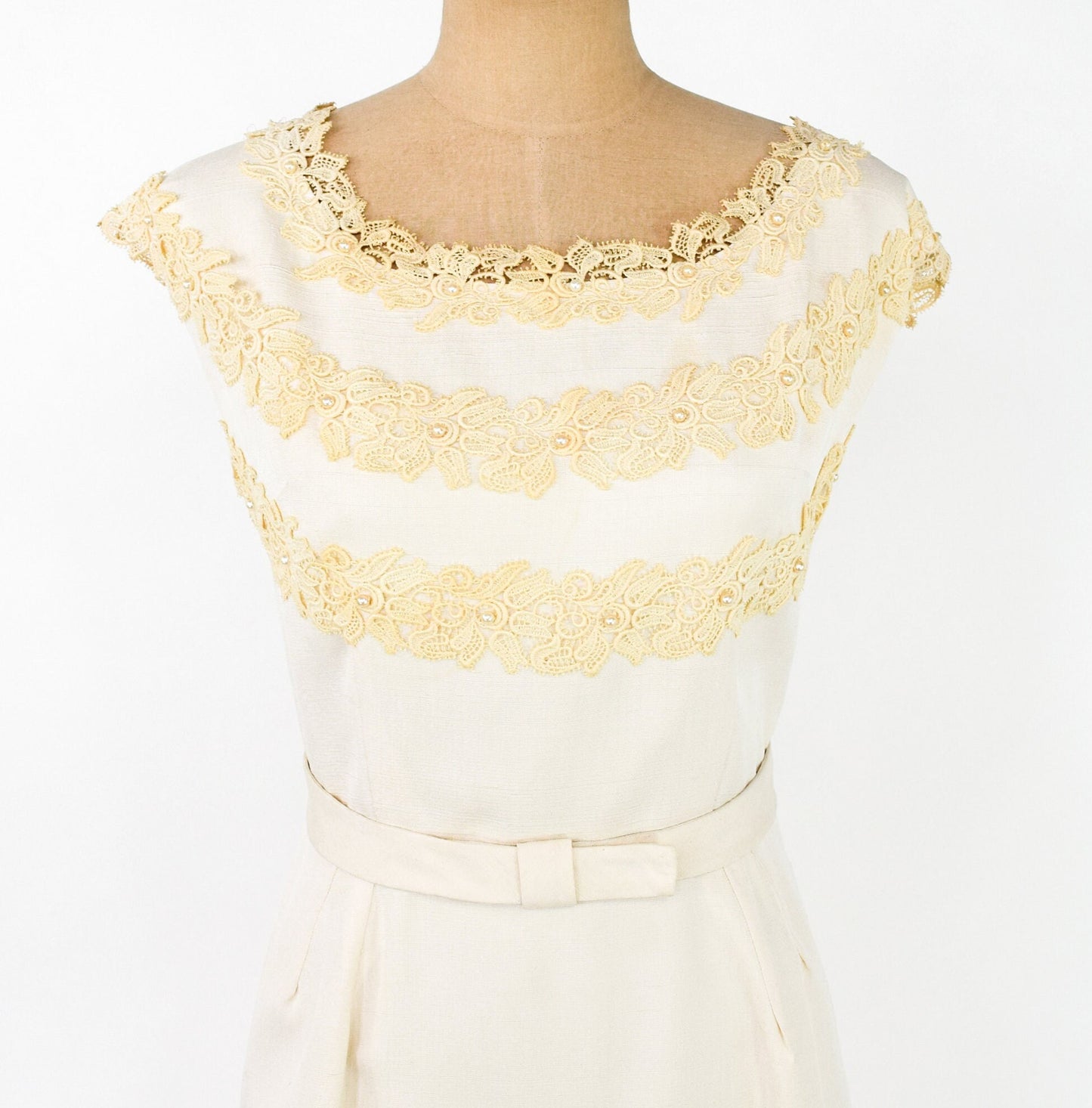 1950s Ivory Lace. & Creme Silk Cocktail Dress, Extra Large