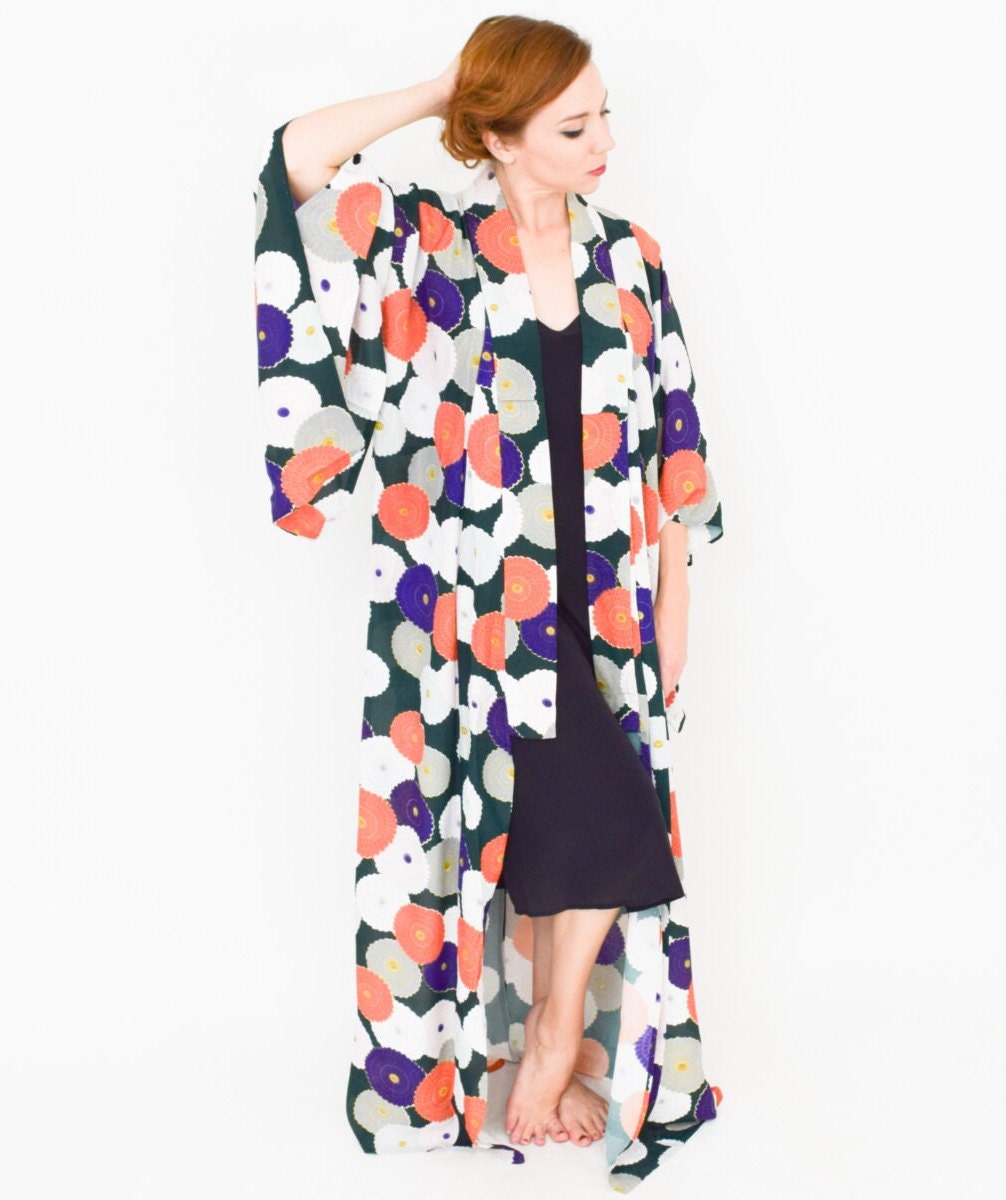Floral Chrysanthemum Kimono Robe | Green, Orange, Purple